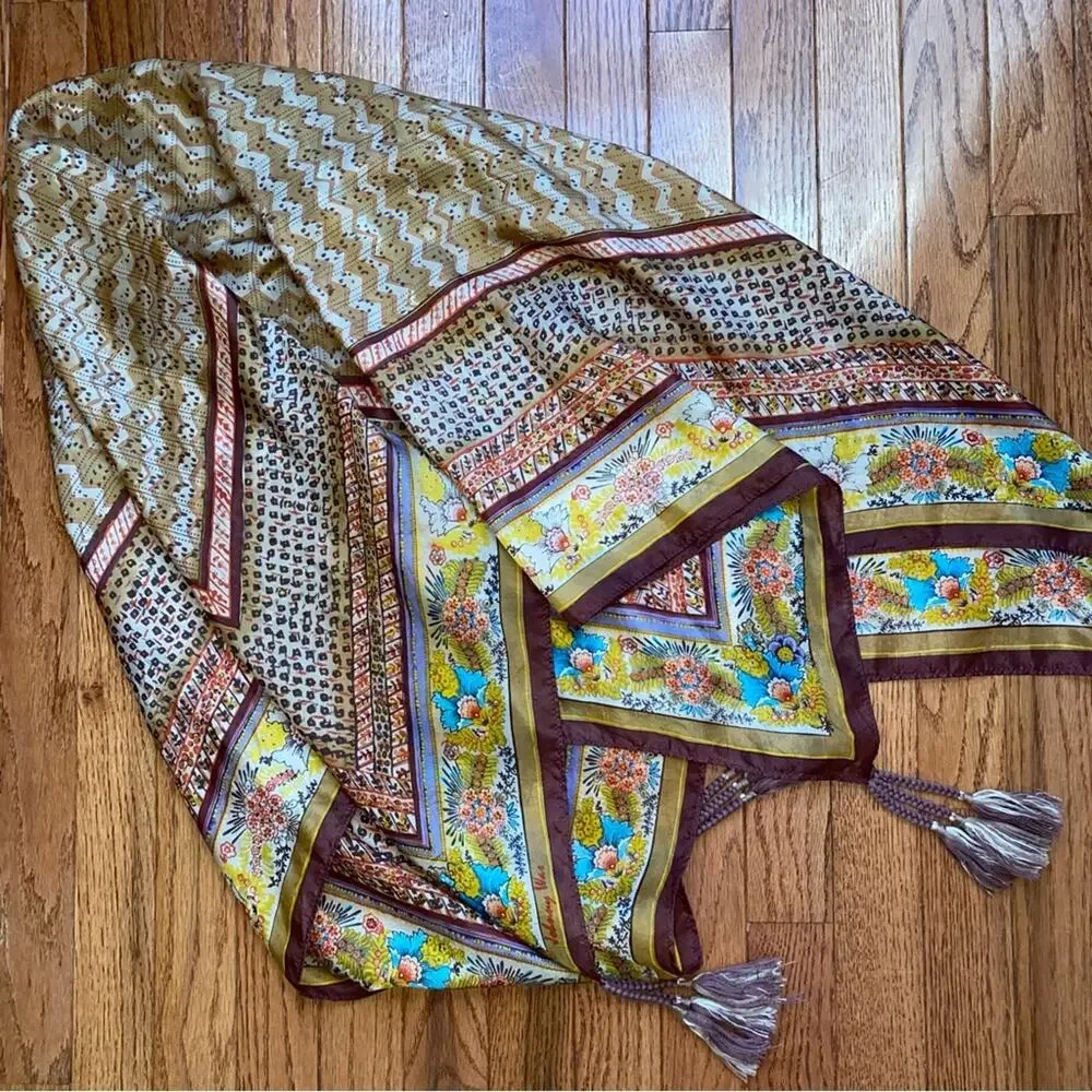 Johnny Was $110 Silk Boho Brown Gold Turquoise Block Print Tassel Scarf EUC